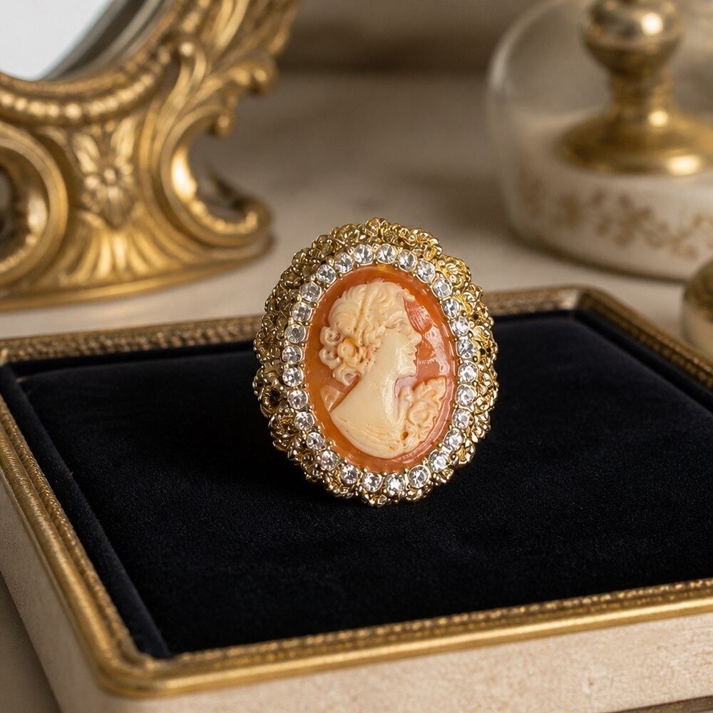 ✨ Luxury Estate Find: Signed AMEDEO Rhinestone Cameo Cocktail Ring • Size 6